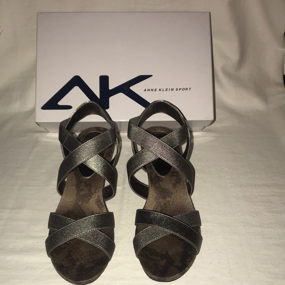 Anne Klein Sport Akcerisler Pewter Color Wedge Heel Sandals - Size 10M
